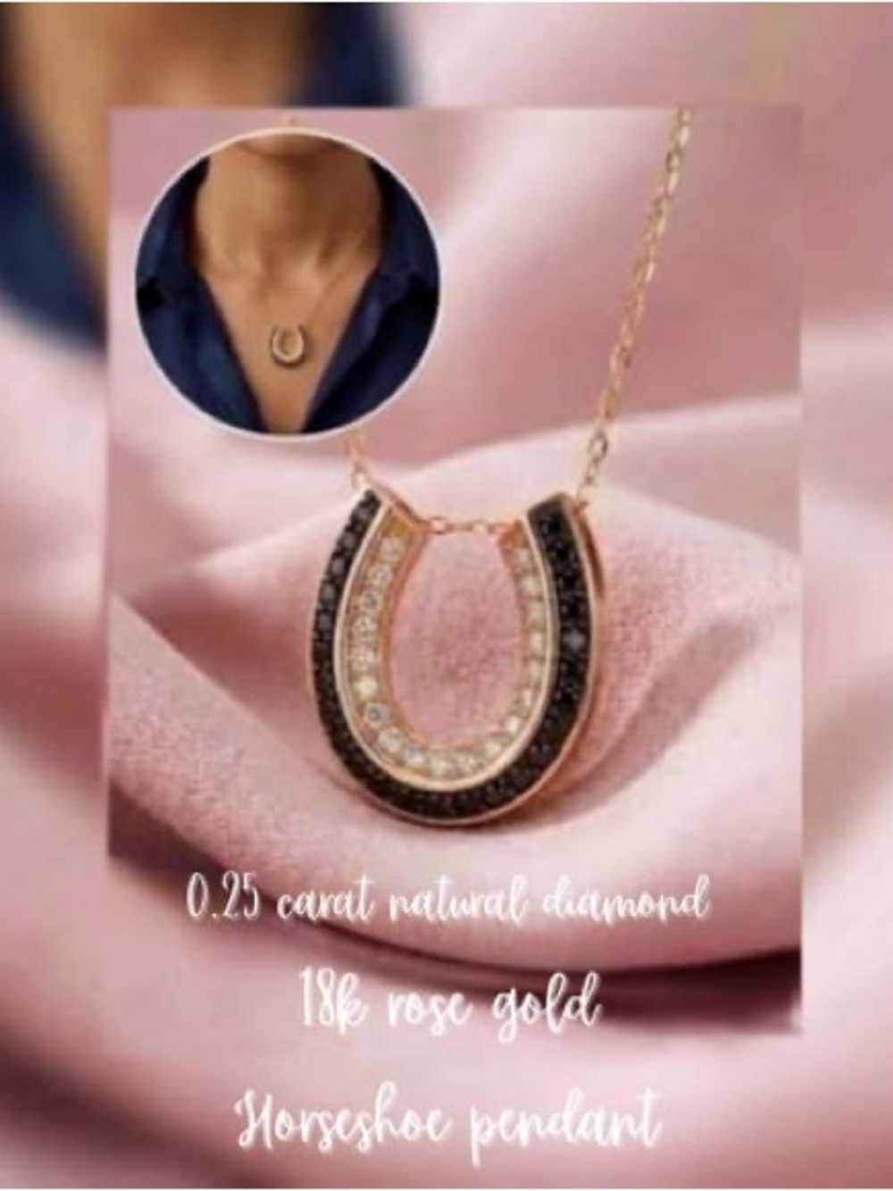 18K Rose Gold Horseshoe Pendant Necklace with Black and White Diamonds
